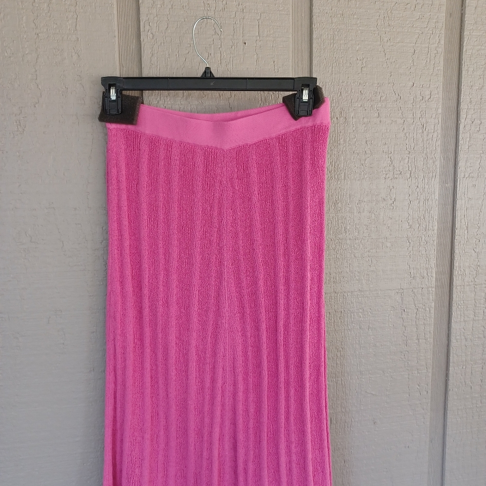 Ganni Ruffle Knit Midi Skirt Size M Women Preppy Linen Blend Pull On In Pink - Picture 6 of 15